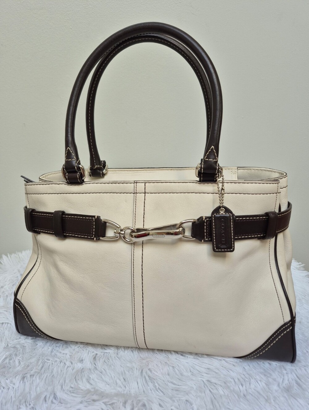 Coach Hamptons F11200 Leather Tote Cream Brown